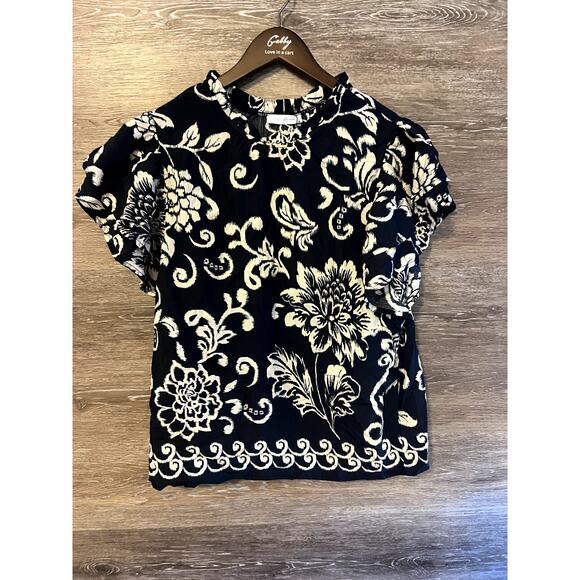 Avara Ces femme Top Blouse New Size Small Navy Floral Short Sleeves Rayon - Picture 1 of 8